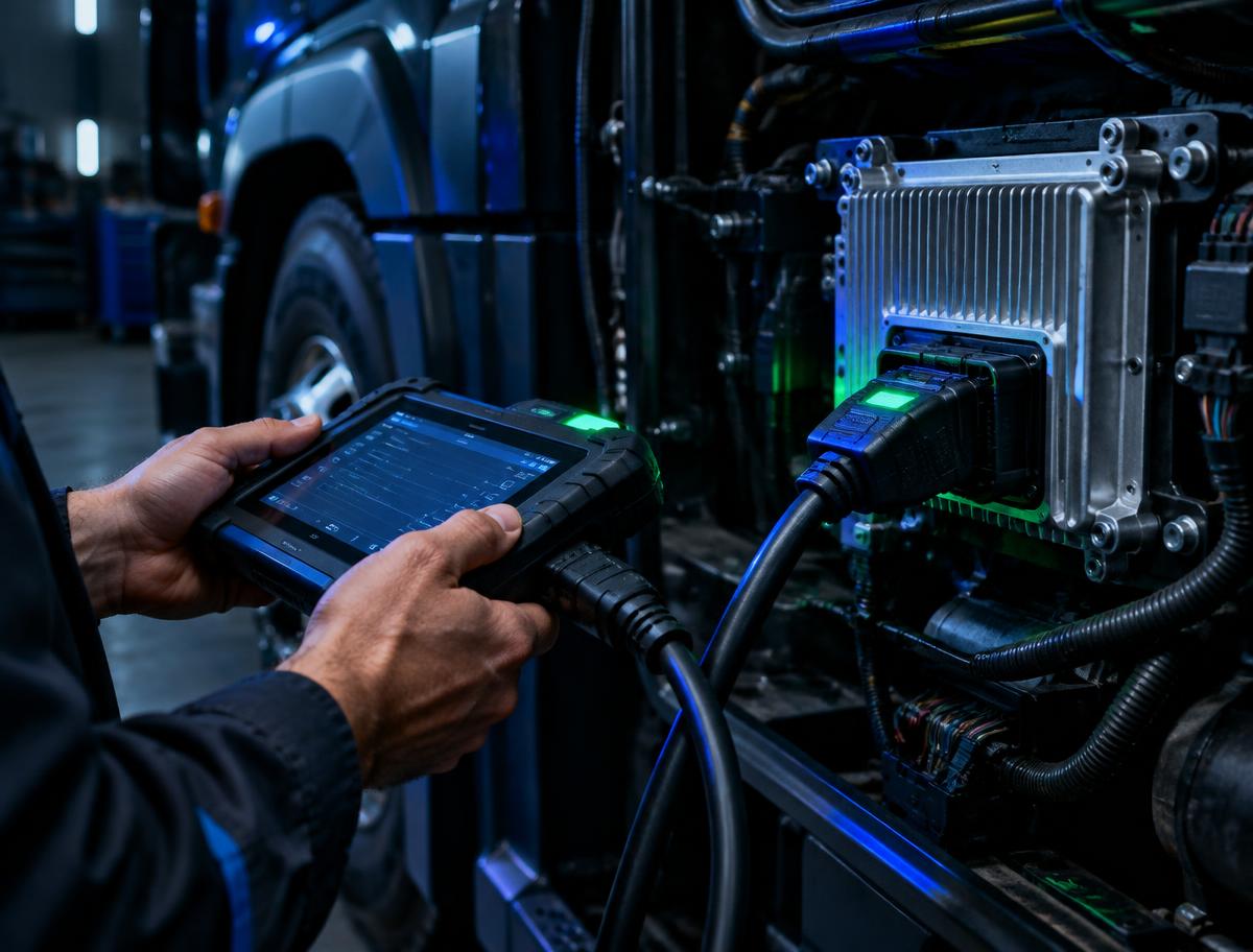 Técnico realizando diagnóstico eletrônico em módulo de caminhão com scanner